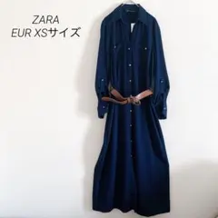ZARA 新品　未使用　タグ付き ネイビー 長袖ロングワンピース XSベルト付き