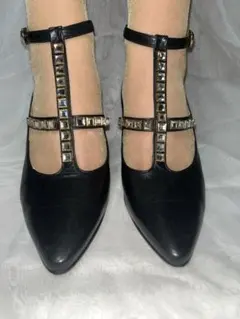 ベルサーチ クリスタル付ストラップ ビジューハイヒール黒size 35のサムネイル