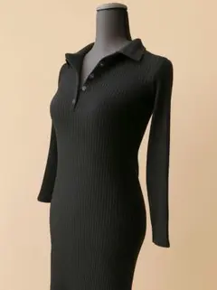 AZUL リブ編み ブラック ポロニットワンピース