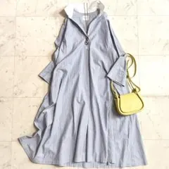 美品♪ユニ ブルーストライプ コットン ロングシャツワンピース ポケット