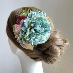 卒業袴・ダンス発表会に♡ブルーグリンのピオニーのヘアクリップ　成人式　袴　髪飾り