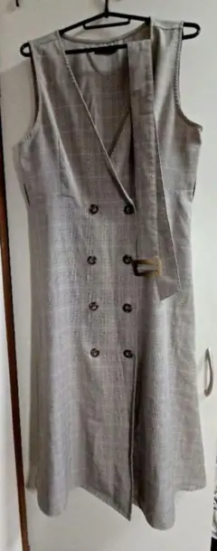 【古着】春服 ワンピース ベージュ チェック ノースリーブ ロング 丈