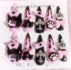 現品 ネイルチップ 地雷系 量産型 ゴテゴテ ロング おまけ付き 平成女児 黒