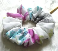 ゴム交換可能 花模様 化繊？ボリュミー フリル フリル シュシュ A リメイク