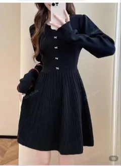 ブラック長袖プリーツニットワンピース