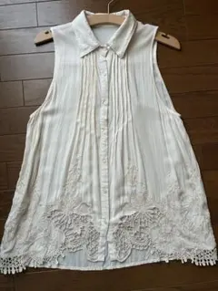UNITED ARROWS フリルノースリーブ ブラウス ホワイトコットンリネン