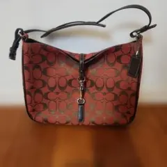 COACH レッド/ブラウン ロゴパターン ハンドバッグ シグネチャー