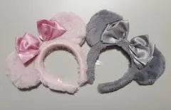 即日発送　ディズニー　カチューシャ　ミニー　ファー　サテンリボン　ピンク＆グレー