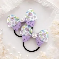 ハンドメイド　キッズリボンヘアゴム2個セット　紫　花柄