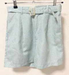 薄グリーンチェック ハーフパンツ ウエストベルト付き