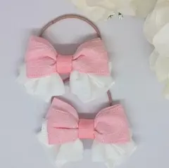 入園 入学 リボン ヘアゴム 2個セット ピンク レース キッズ ハンドメイド