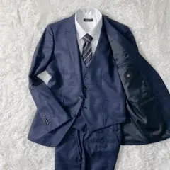 極美品 スーツセレクト 黒タグ スリーピース 光沢 A5 チェック リバーシブル