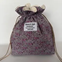 ハンドメイド　大きめ巾着袋　ポーチ　コーデュロイ　ピンク小花柄　裏地あり