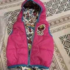 ヒステリックミニ リバーシブルベスト 80 ピンク×総柄 フード付き