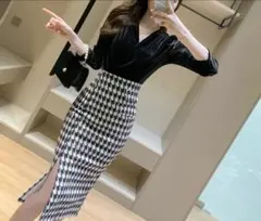 ☆韓国☆ベロアカシュクール コンビ 千鳥格子 ワンピース レイヤード