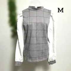 ハリータ・M 長袖シャツ トップス ホワイト/ブラウン チェック柄