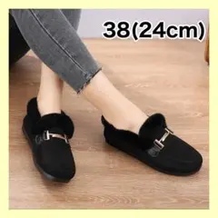 ファー付きローファー 黒 ゴールド金具 スウェード調 秋冬 新品　モカシン