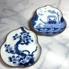 古染椿絵ひさご皿　海上唐人図ひさご皿　各1