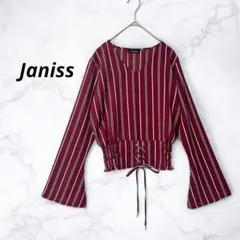 【ジャニス】袖フレアブラウス ウエストマーク ストライプ 赤 Vネック(M)