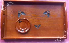 【未使用・新品】長手盆・茶托セット　 木製 漆器 漆塗り蝶彫 ・昭和レトロ