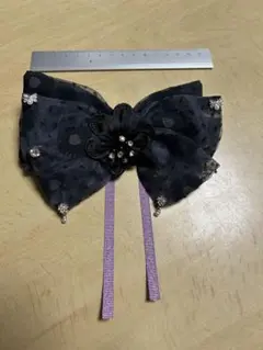 黒レースリボンバレッタ 花飾りクリスタルビーズ付き