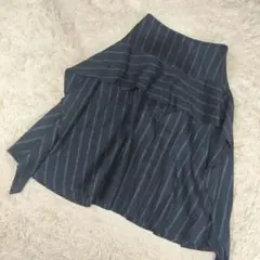 ADEAM ストライプ フレアスカート ネイビー 0 モード デザイン 麻混