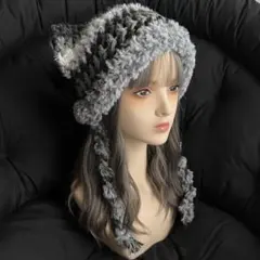ぷ*い様 【ゲリラオークション】163ハンドメイド　猫耳ニット帽　紐付き　ラメ入