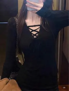 SHIEN レースアップネック ブラック 長袖トップス