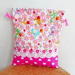 No.204 アイボリー 花柄 はいから横町 巾着袋 ハンドメイド