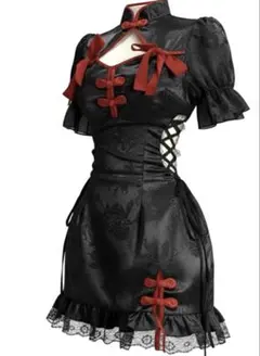 チャイナドレス風 ミニ丈 コスプレ 浴衣 赤黒 編み上げ　新品未使用