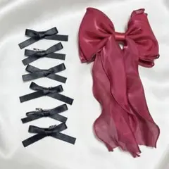 ヘアアクセサリー ヘアバレッタ ヘアクリップ リボンセット 赤 黒