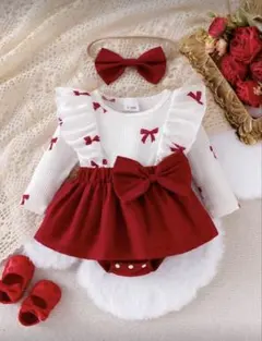 SHEIN 赤と白のリボン付きベビーワンピース