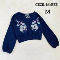 【セシルマクビー】Vネック トレーナー (M) ネイビー 花柄刺繍 ショート丈