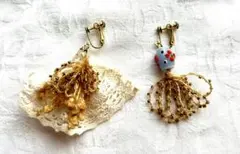 ハンドメイド　イヤリング　クラシカル　アシメ　ネジばね式　レース　とんぼ玉