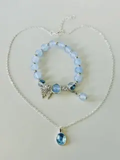 水色 ガラスビーズ ブレスレットとネックレスセット