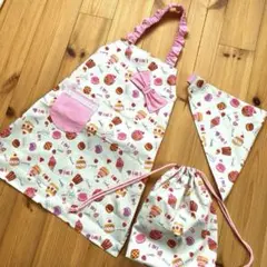 巾着セット★ 子供エプロン 120 〜 130 三角巾セット☆ スイーツ柄