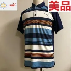 美品 プーマ ゴルフ ドライセル ポロシャツ ネイビー マルチ ボーダーXL