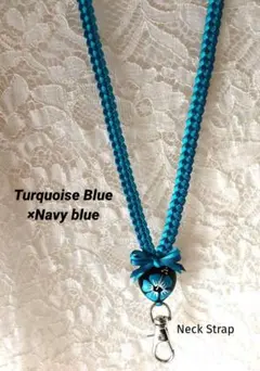 リボンレイ　✿ターコイズブルー×紺　ククイナッツ　♦ネックストラップ❤️