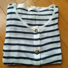 白紺ボーダー長袖カーディガン　麻混薄手セーター