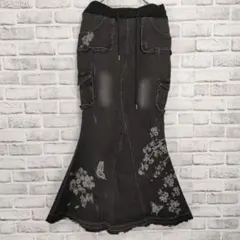 雅結 M デニムロングスカート 花柄 マーメイド 黒 ストレッチ