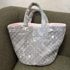 ハンドメイド バケツ型トートバッグ キルティング布 グレー 風車柄