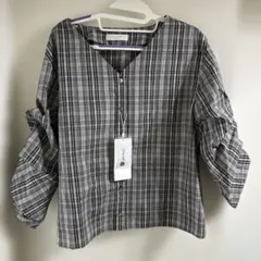 タグ付き新品Discoat チェック柄 Vネック バルーンスリーブシャツLサイズ