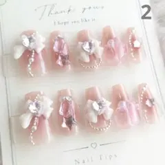 【現品】量産型 ネイルチップ ピンク リボン ハート 韓国 ワンホン