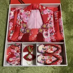 七五三 3歳 女の子 被布セット 赤 かのこ 花柄 カゴバッグ 草履 5点