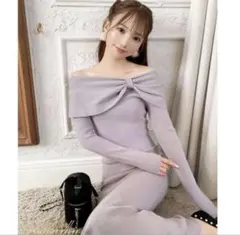 michllMacaron オフショルダーリボン付きニットワンピース