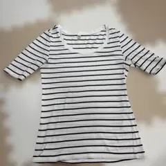 UNIQLO リブボーダーTシャツ 五分袖 ホワイト×ブラック M