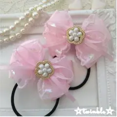 【再販】ハンドメイド☆お花のスカラップツインリボンヘアゴム(ピンク)入園入学