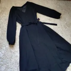 【KBF+】 Vネック 長袖ロングワンピース ウエストリボン付き