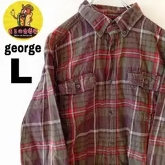 USA古着 george　ネルシャツL　カーキオレンジ　チェック