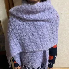 薄紫のニットストール フリンジ付き